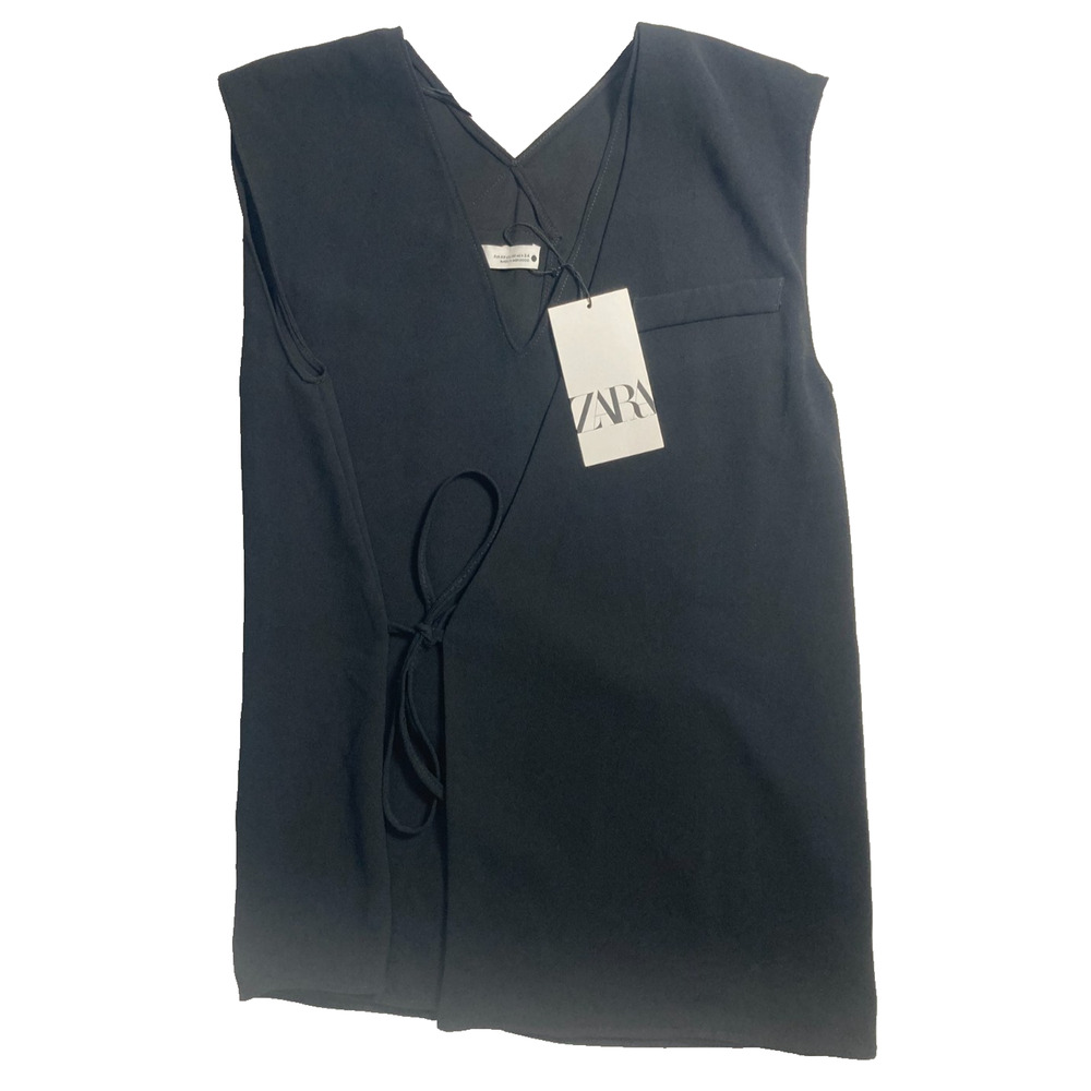 NWT Zara Black sleeveless v neck top tie in front slit in back XS